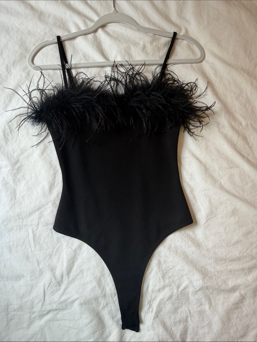 Aqua Feather Trim Black Bodysuit, xs